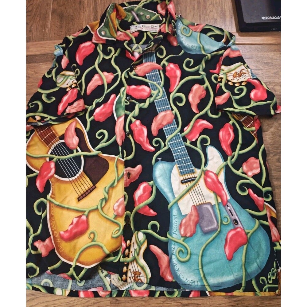 VTG Y2K Bayou Wear New Orleans Jazz Fest Hawaiian Shirt Size L Guitars Peppers